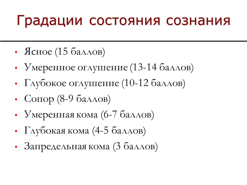 Градации состояния сознания Ясное (15 баллов) Умеренное оглушение (13-14 баллов) Глубокое оглушение (10-12 баллов)